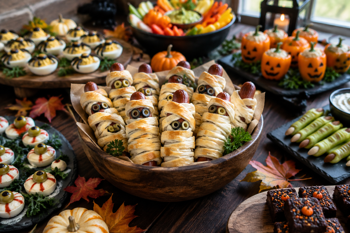 Halloween party snacks assortment with mummy hot dogs and spooky garnishes for halloween party snacks
