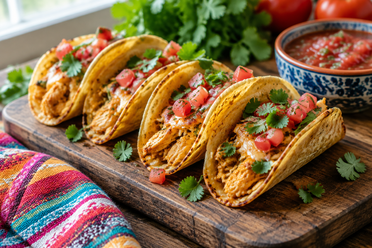 Mini baked chicken tacos topped with fresh cilantro and diced tomatoes, ready to serve