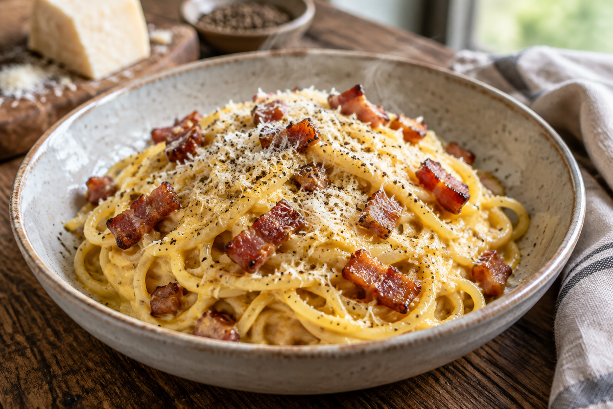 Bowl of authentic Italian carbonara recipe with crispy pancetta topped with cheese and black pepper