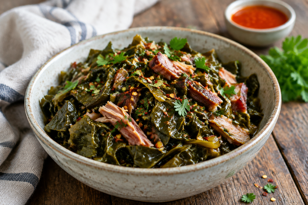 Bowl of southern collard greens with smoked turkey and garnished with parsley and red pepper flakes