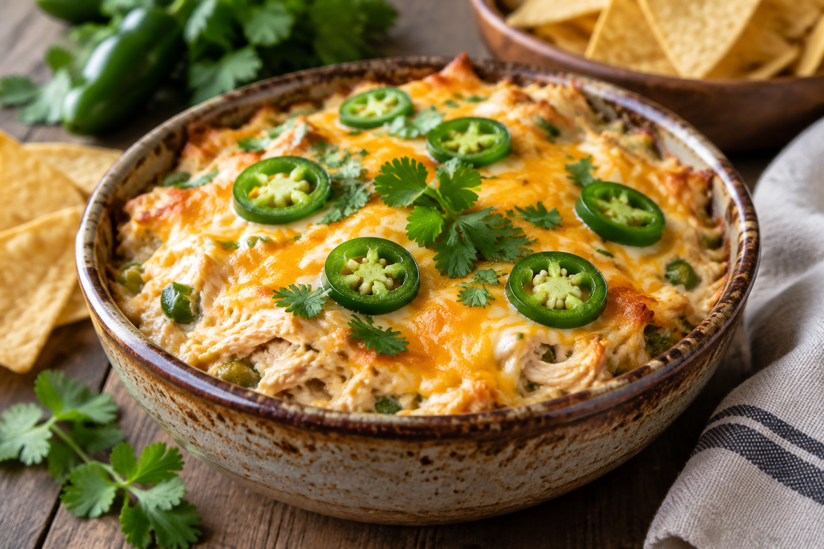 Baked jalapeno chicken dip in a bowl topped with melted cheese and fresh jalapenos