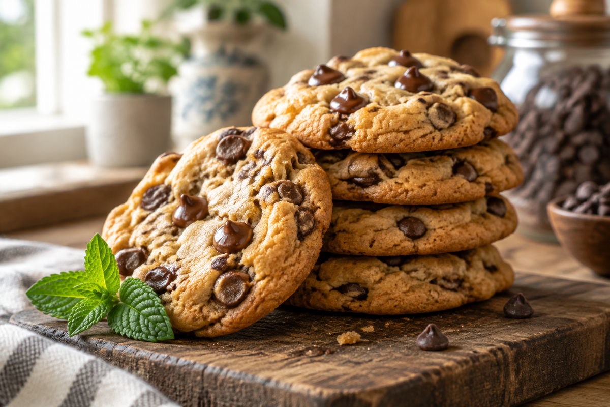 Bakery style chocolate chip cookies stacked on a rustic board with melted chocolate chips