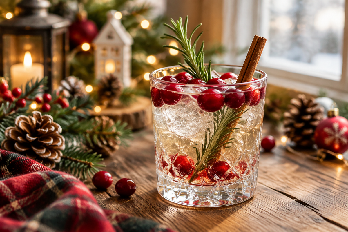Festive Christmas vodka cocktails garnished with cranberries and rosemary for holiday celebrations
