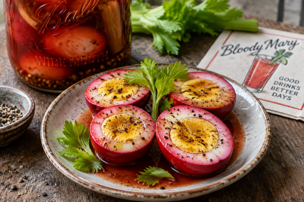Bloody Mary pickled eggs sliced in half with vibrant red pickling liquid and celery garnish