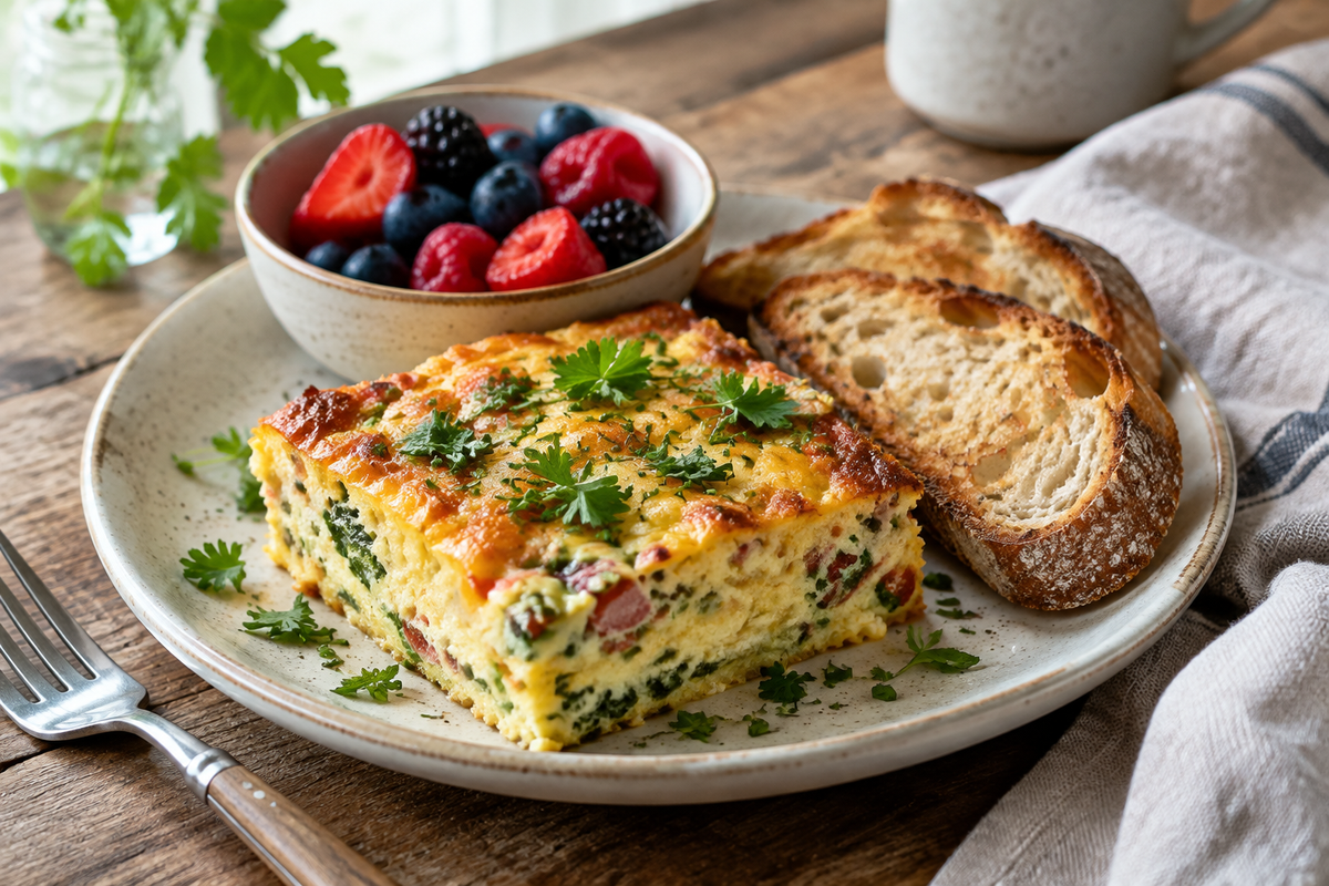 Baked egg casserole brunch recipe make ahead with toasted bread and fresh berries