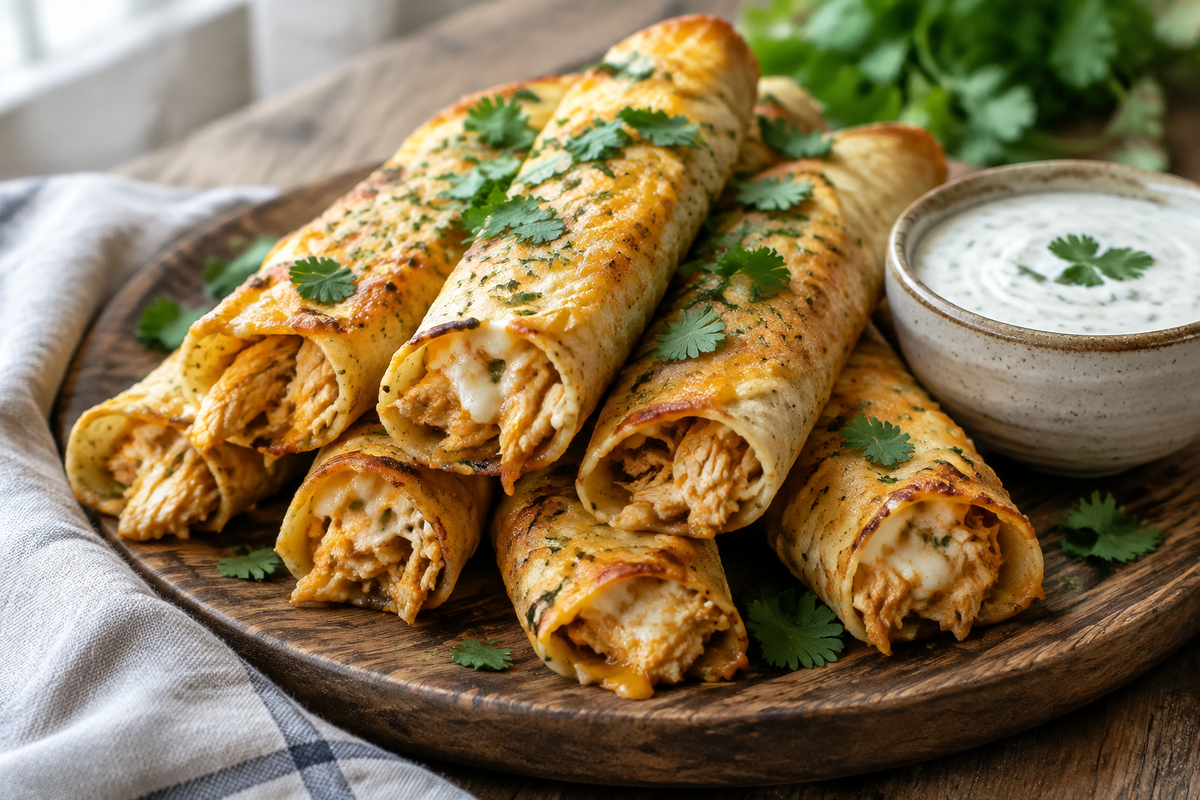 Cheesy ranch chicken taquitos served with ranch dipping sauce, perfect crock pot party appetizer