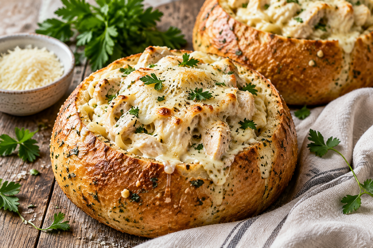 Chicken alfredo garlic bread bowls filled with creamy sauce and melted cheese garnished with parsley