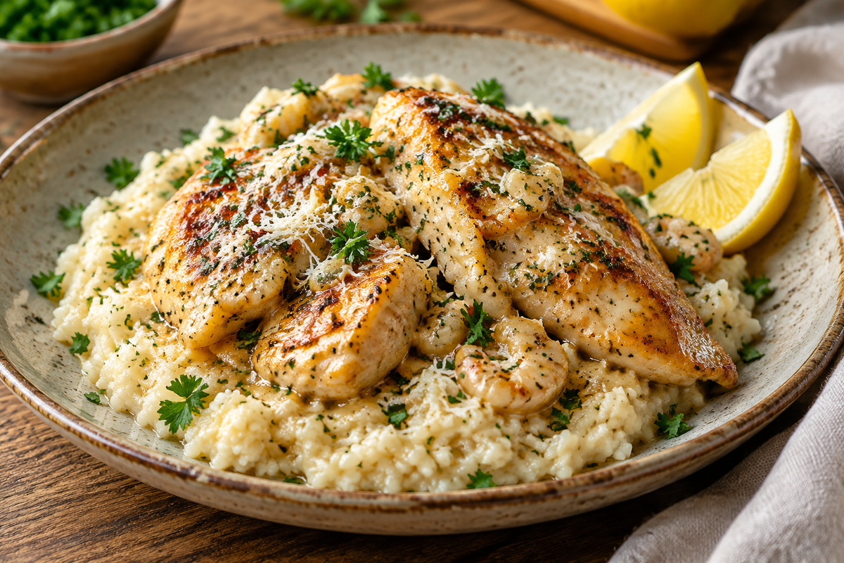 Chicken scampi with creamy garlic Parmesan rice garnished with parsley and lemon wedges