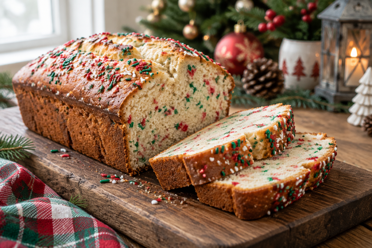 Sliced Christmas sprinkle bread loaf showing colorful sprinkles inside, soft texture, festive holiday bread