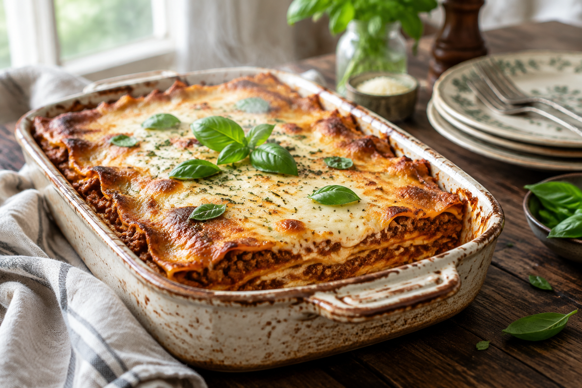Classic beef lasagna with melted cheese and basil garnish on rustic wooden table