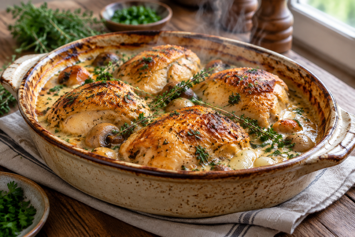 French chicken casserole with golden crust and fresh herb garnish on rustic table