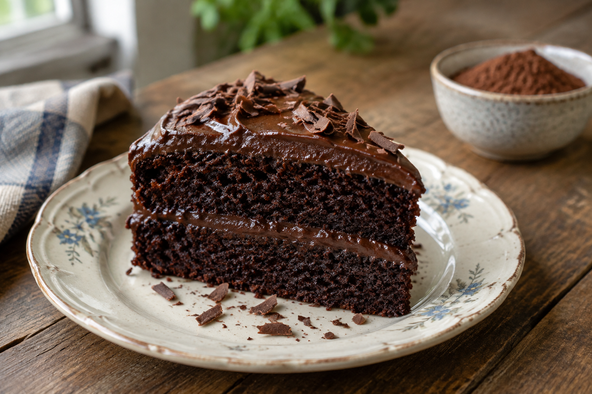 Slice of Hershey’s chocolate cake with chocolate frosting and shavings on vintage plate