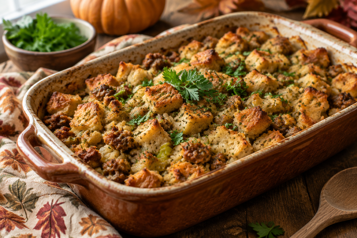 Sausage herb stuffing in rustic ceramic dish with fresh herb garnish