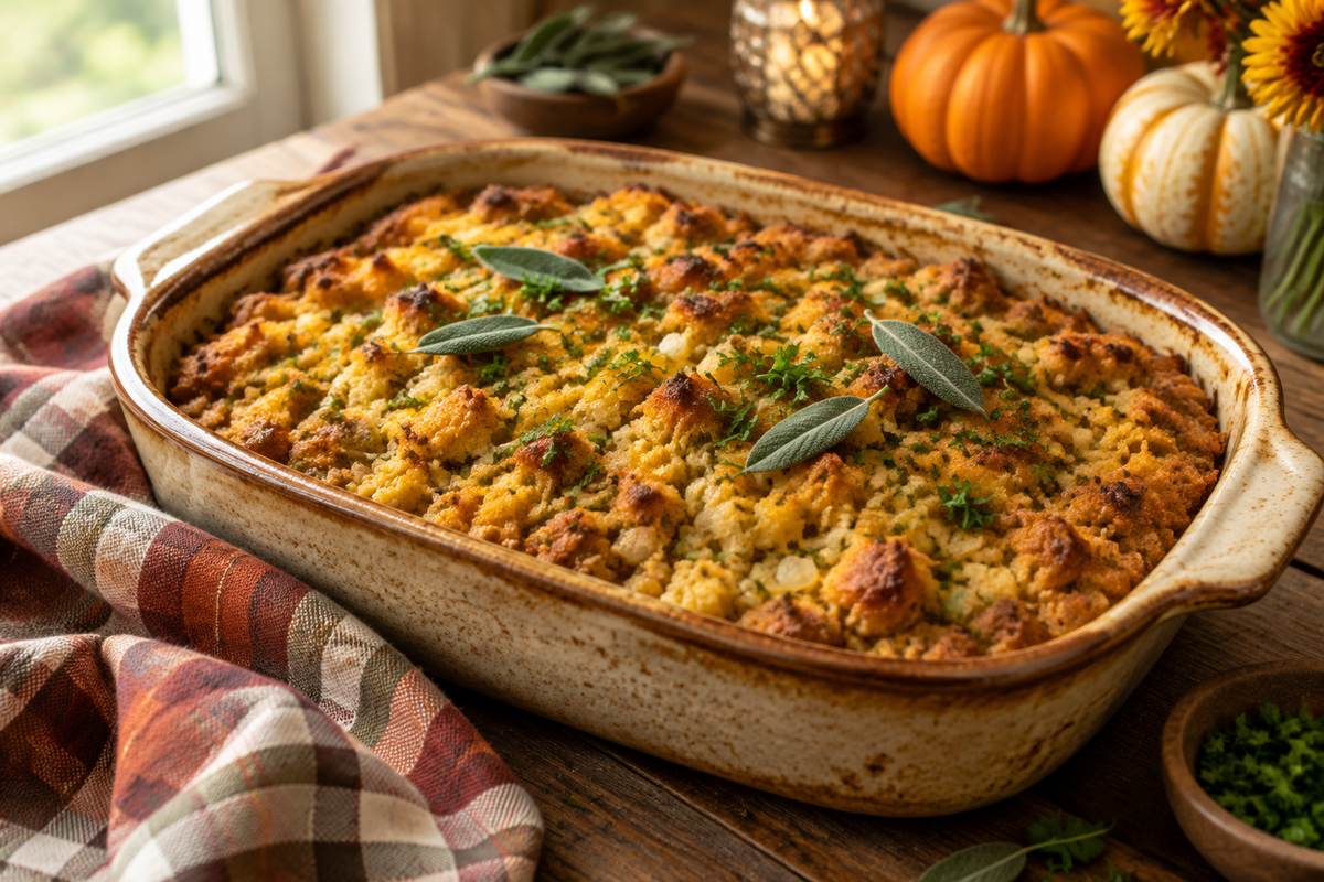 Southern cornbread dressing in a rustic dish garnished with parsley and sage leaves