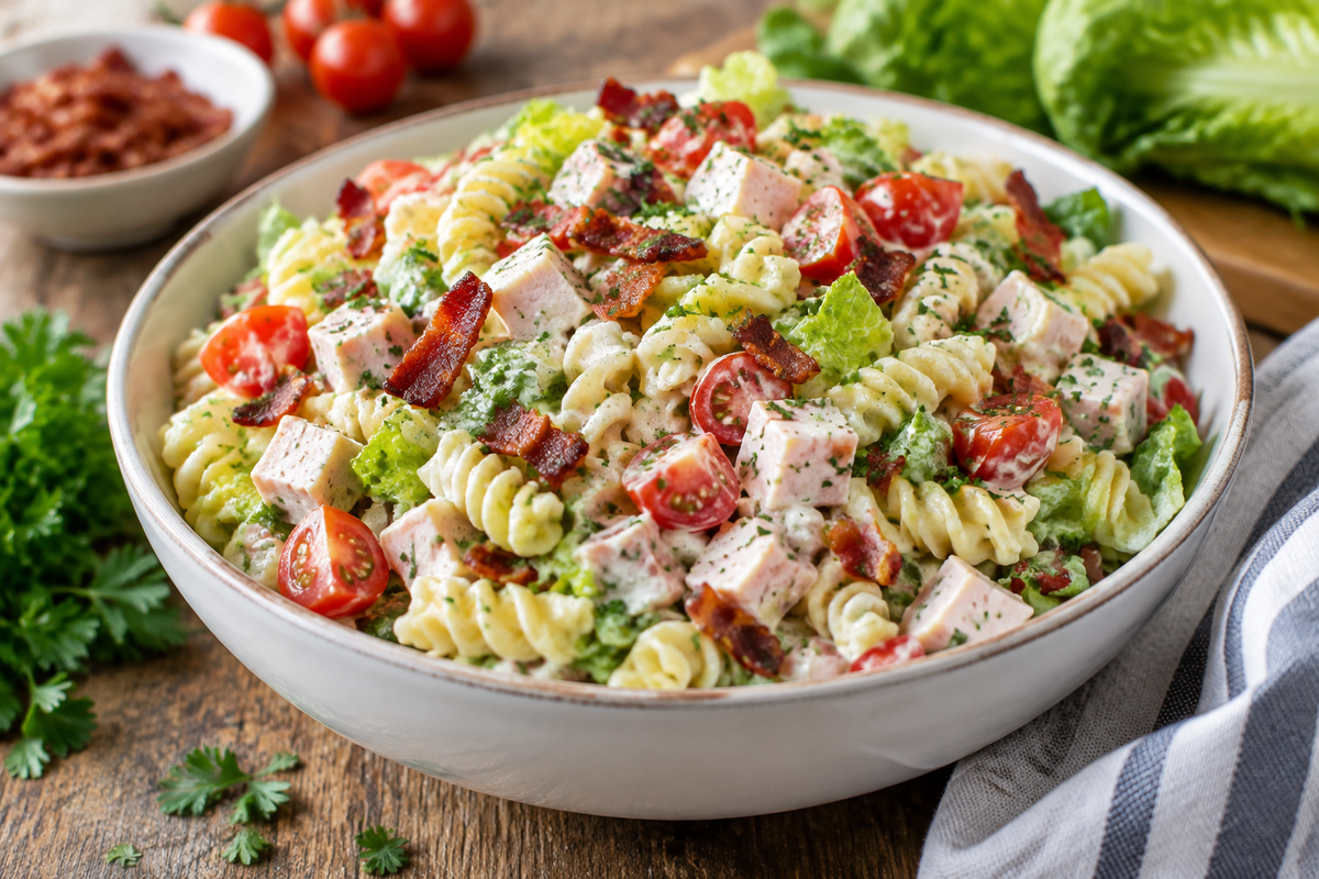 Fresh club sandwich pasta salad with turkey, bacon, tomatoes, and creamy dressing in a bowl