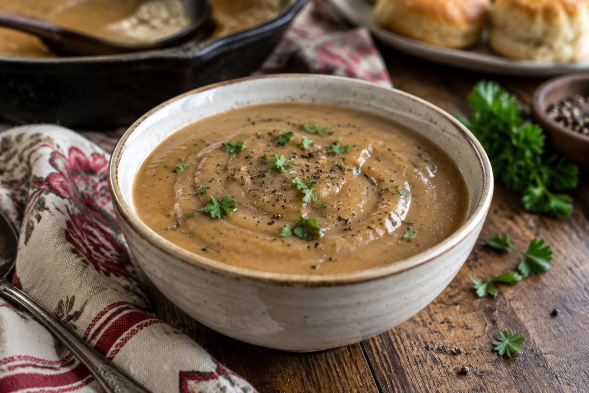 Bowl of creamy copycat KFC gravy with black pepper and parsley garnish