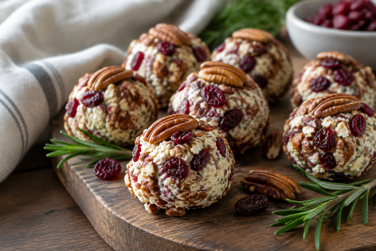 Cranberry pecan cheese ball bites garnished with pecans and dried cranberries on a rustic board