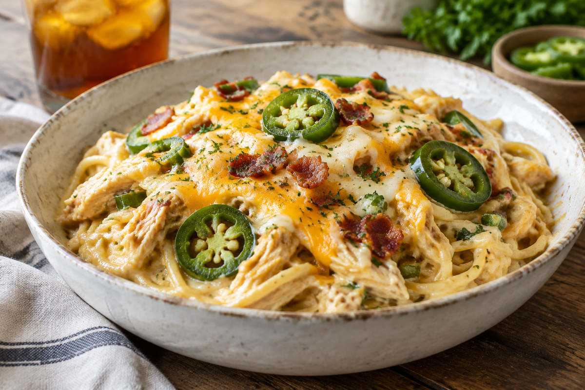 Creamy jalapeño popper chicken spaghetti garnished with jalapeño slices and melted cheese