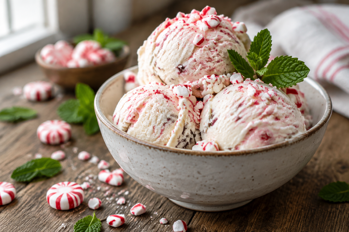 Creamy peppermint ice cream with crushed candy canes in a bowl, showcasing ninja creami peppermint ice cream