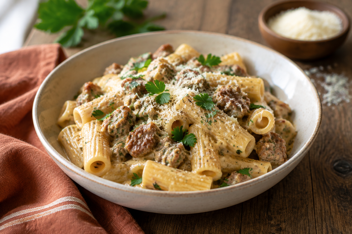 Creamy rigatoni with Italian sausage garnished with parsley and Parmesan cheese