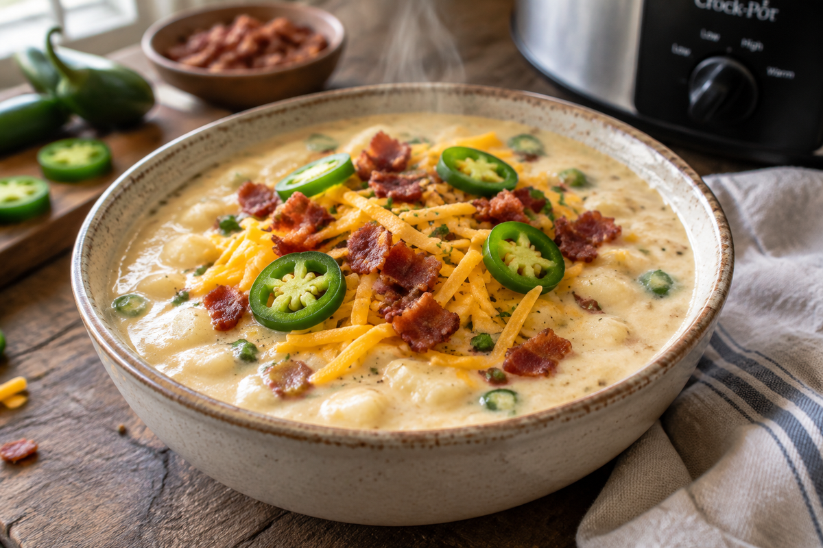 Bowl of Crock Pot jalapeño crack potato soup garnished with bacon, cheddar, and jalapeños