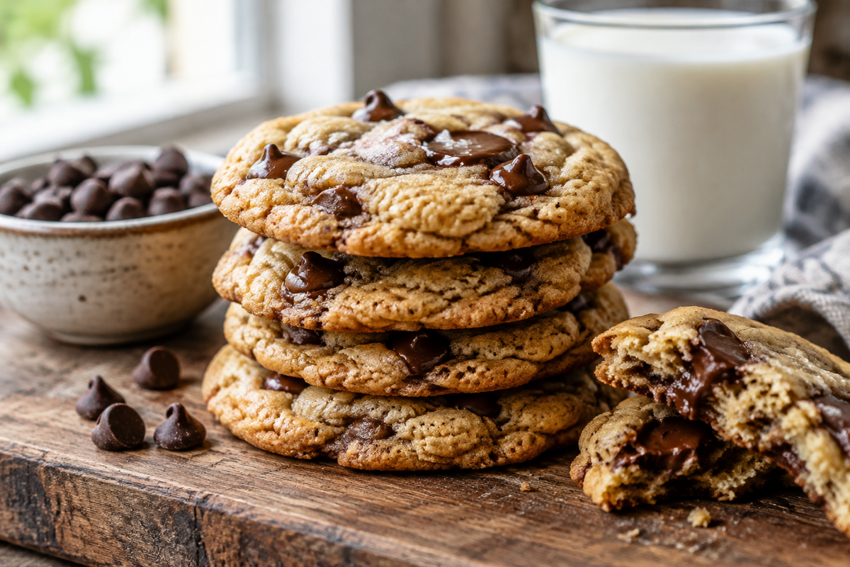 Stack of chewy chocolate chip cookies with gooey chocolate chips under soft natural light