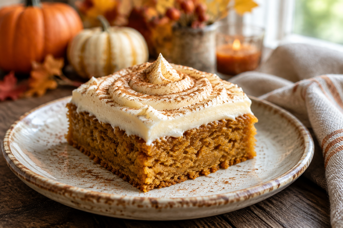 moist Libby’s pumpkin bars topped with cream cheese frosting and cinnamon