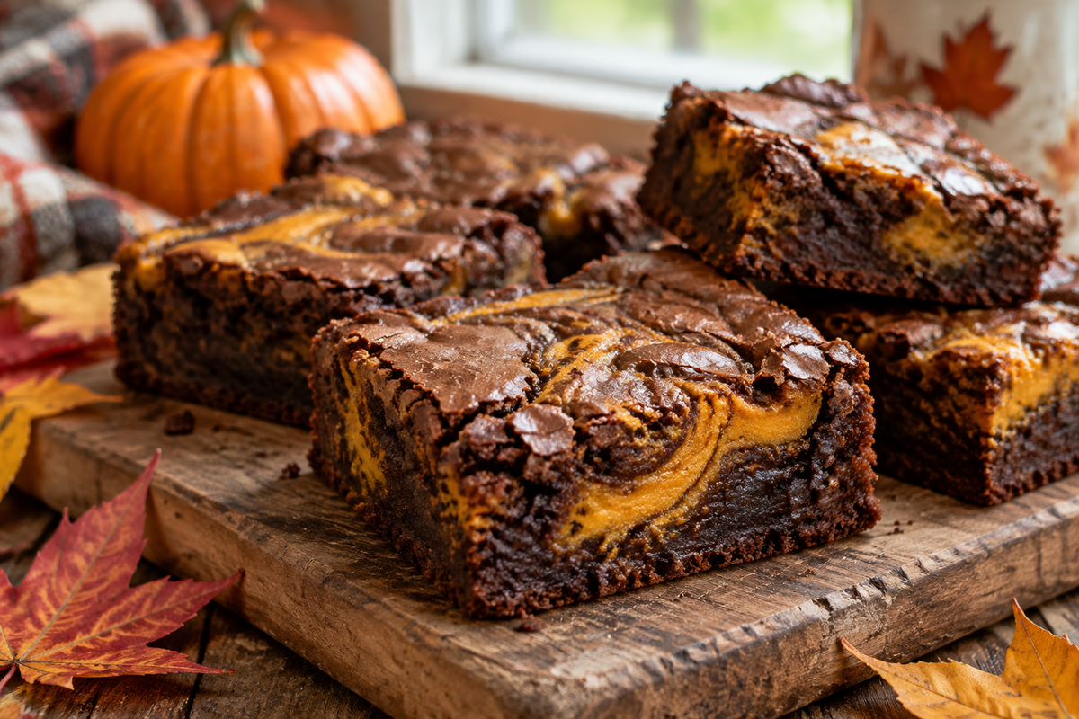 Moist pumpkin patch brownies with chocolate and pumpkin swirls on rustic board