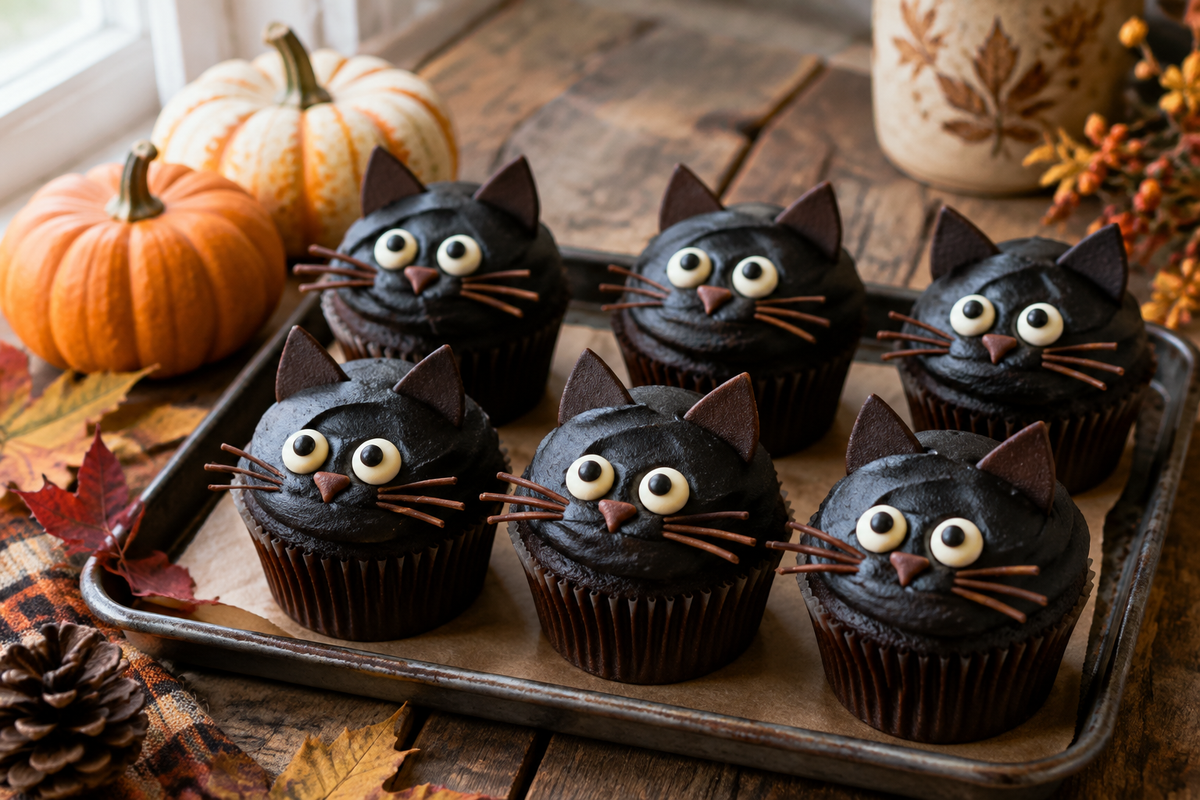 Black cat cupcakes with black frosting and candy eyes, perfect black cat cupcakes for Halloween