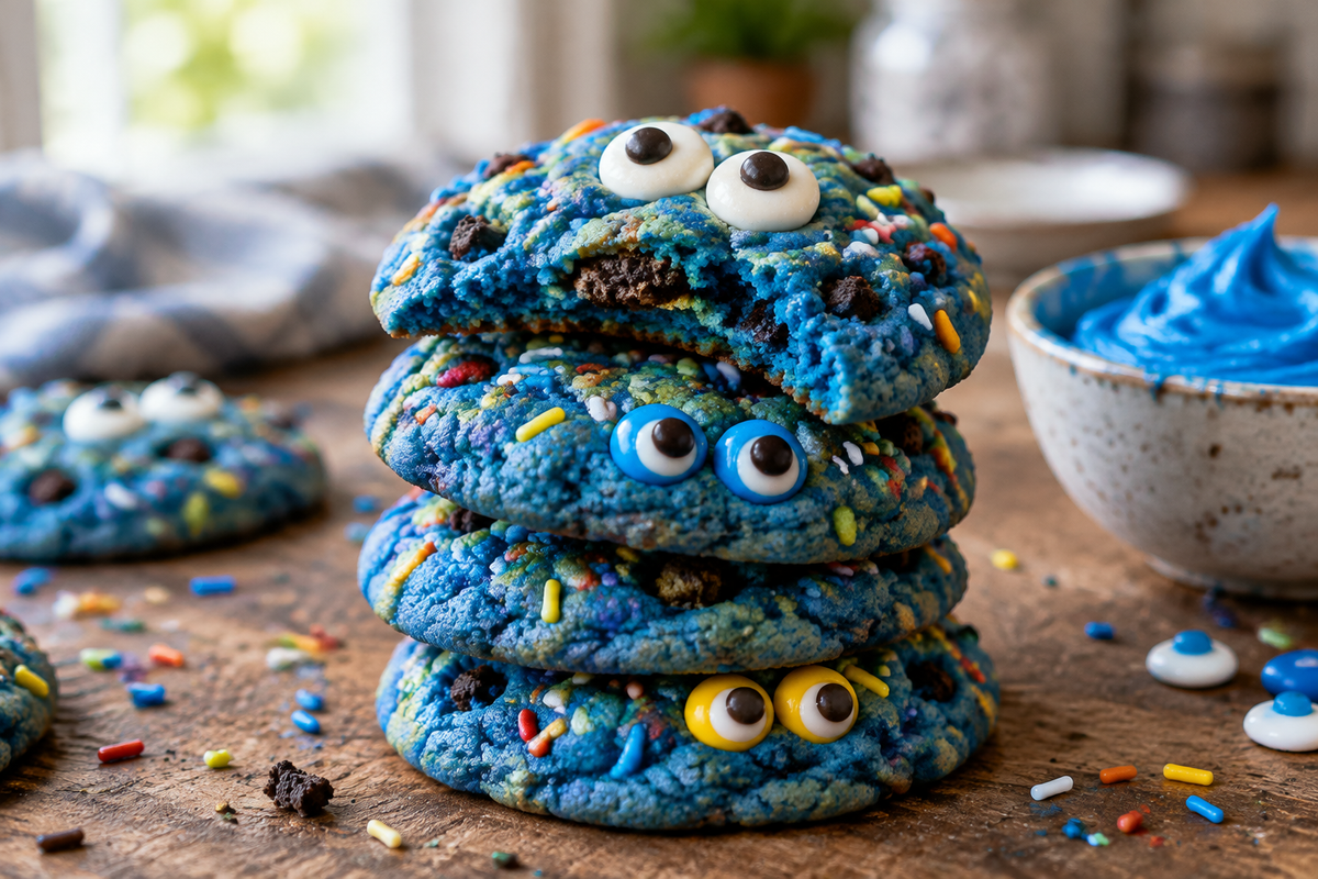Soft cookie monster cookies with colorful candy eyes and sprinkles on rustic table