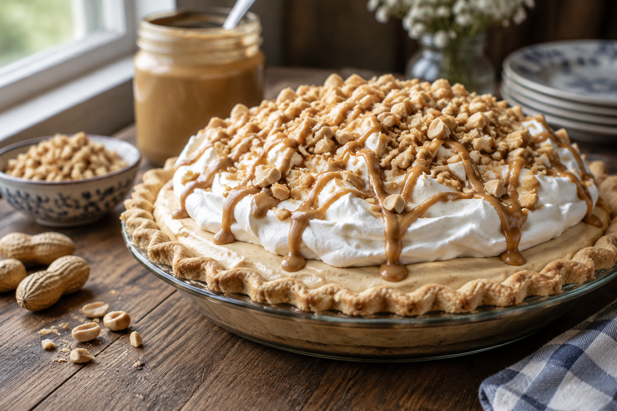 Amish peanut butter cream pie with whipped topping and chopped peanuts on rustic table