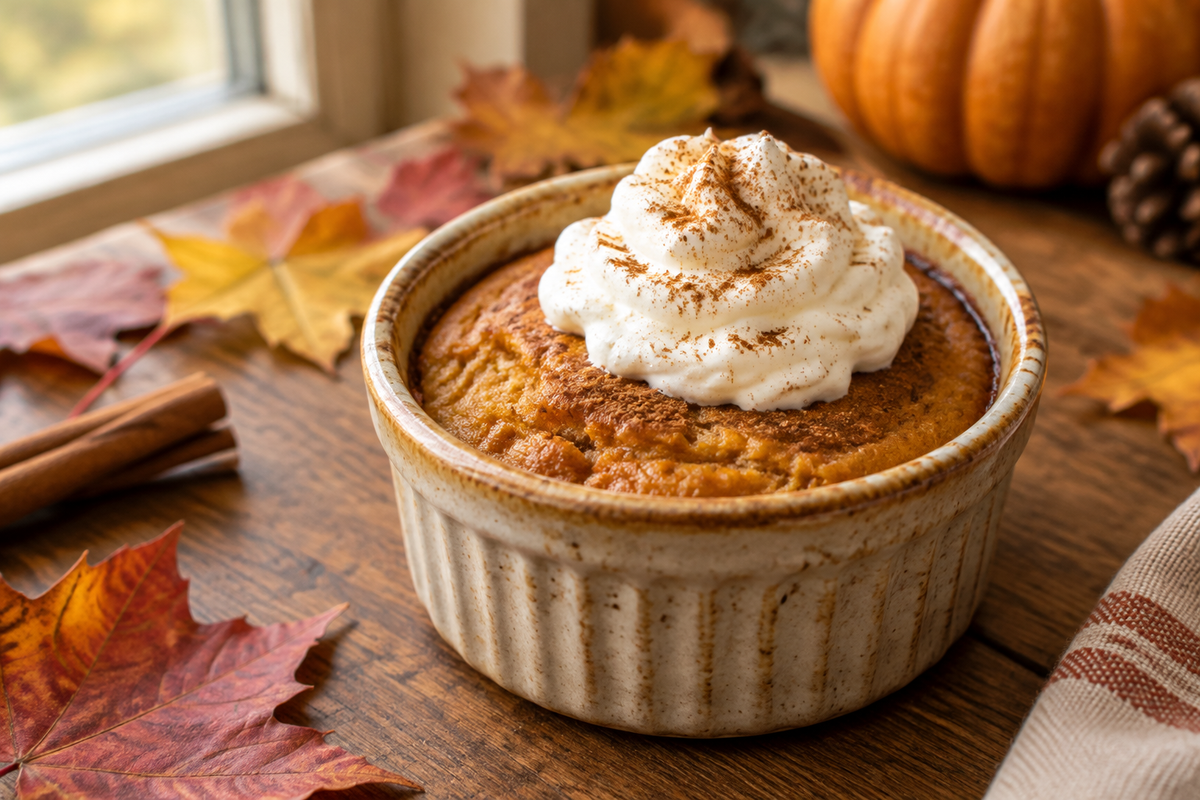 Baked pumpkin spice pudding topped with whipped cream and cinnamon, showcasing the baked pumpkin spice pudding dessert