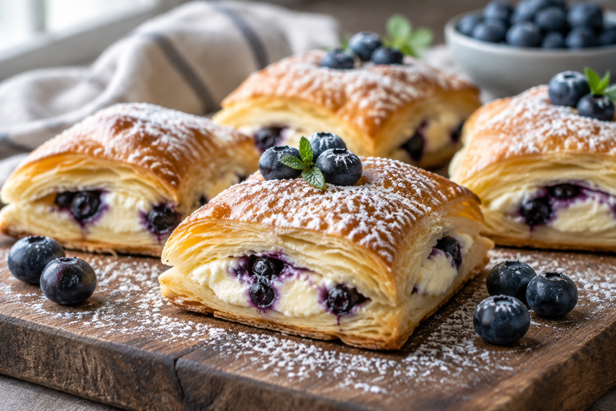 Flaky blueberry cream cheese puff pastry squares garnished with fresh blueberries and powdered sugar