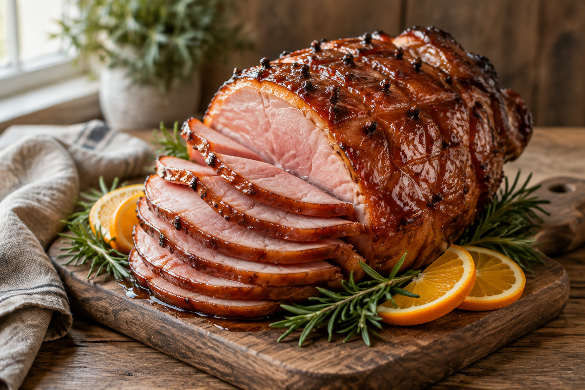 Brown sugar glazed ham garnished with rosemary and orange slices, ready to serve