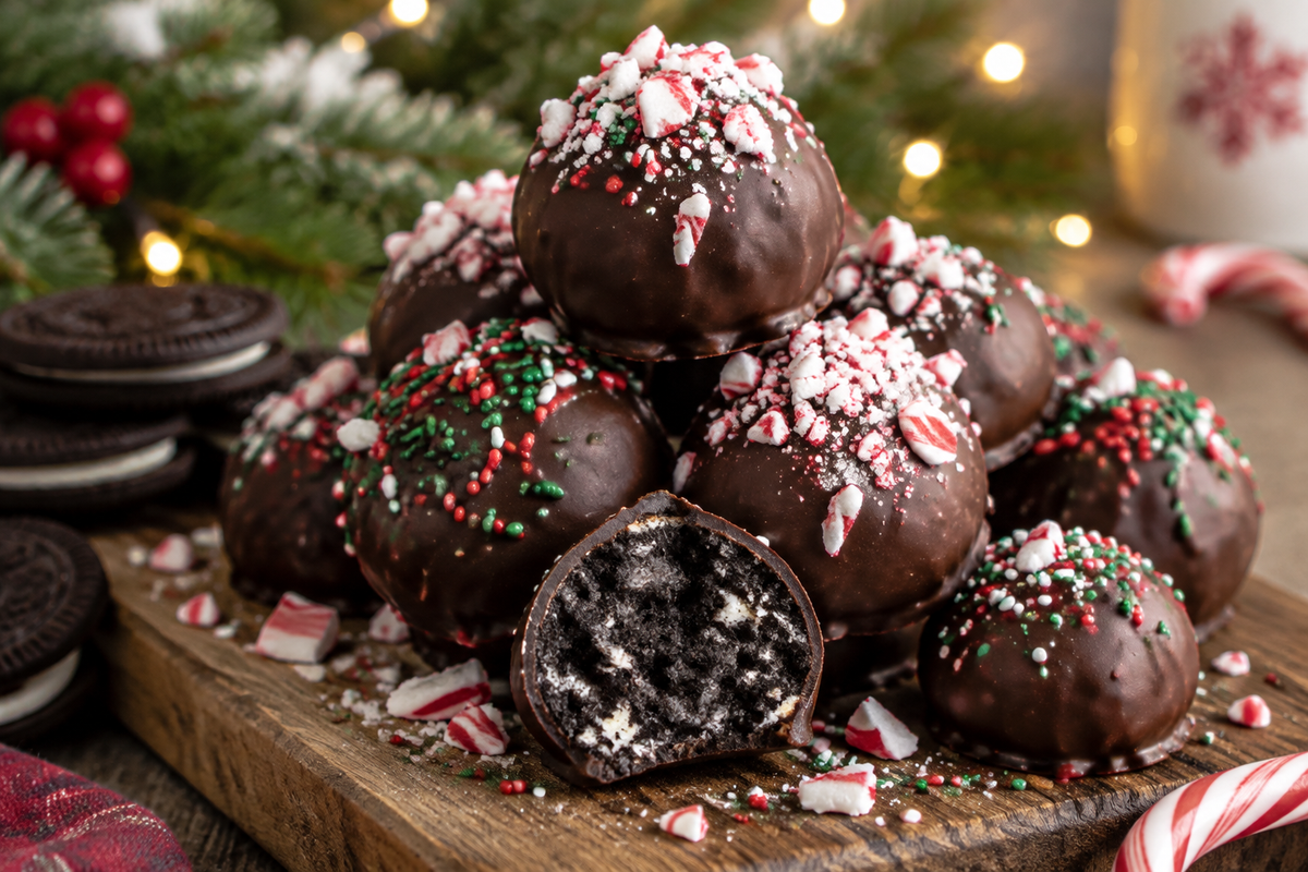 Christmas no bake Oreo balls stacked with peppermint garnish and festive sprinkles