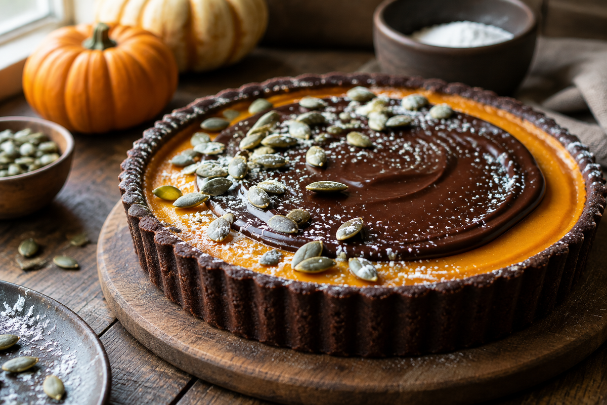 Easy dark chocolate pumpkin tart with glossy filling and pumpkin seed garnish