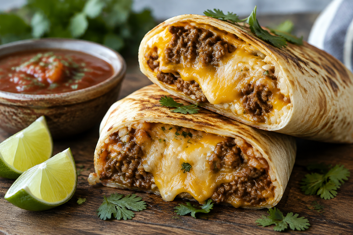 Delicious beefy melt burrito with melty cheese and seasoned beef, showcasing the beefy melt burrito filling