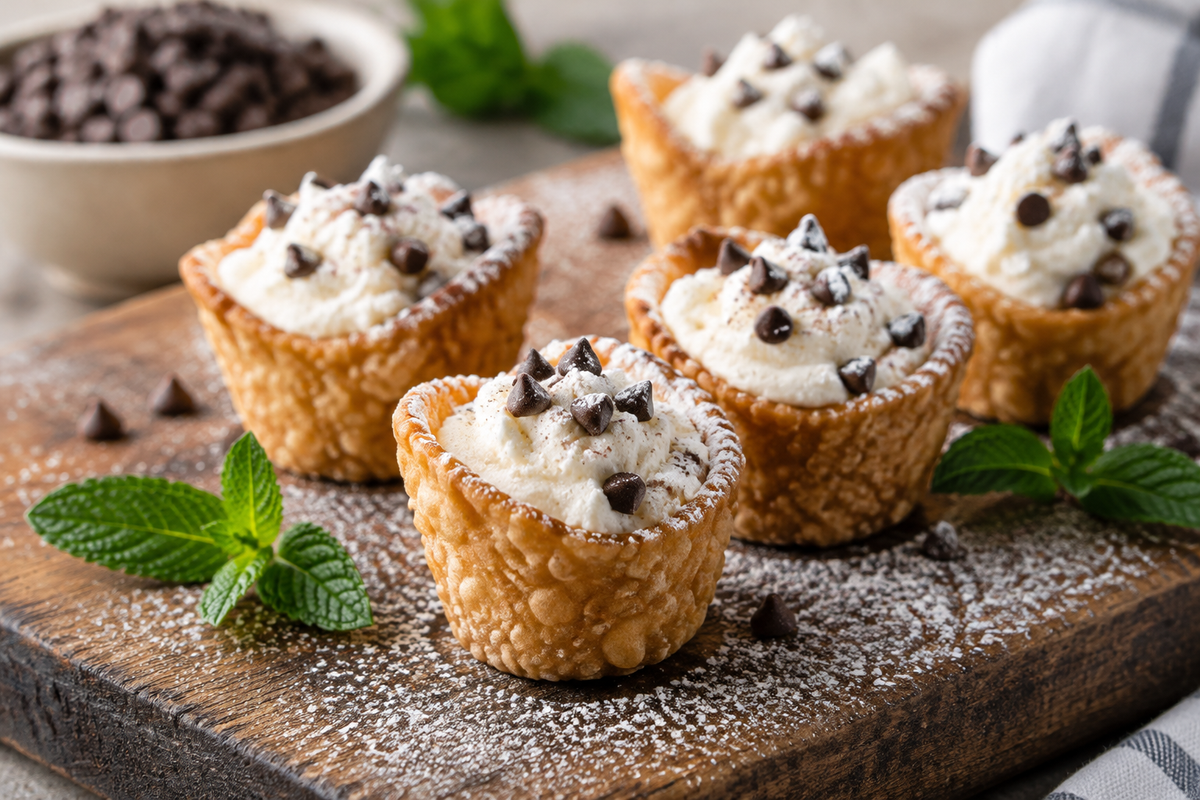 Mini cannoli cups with creamy ricotta filling and powdered sugar on rustic board, mini cannoli cups dessert