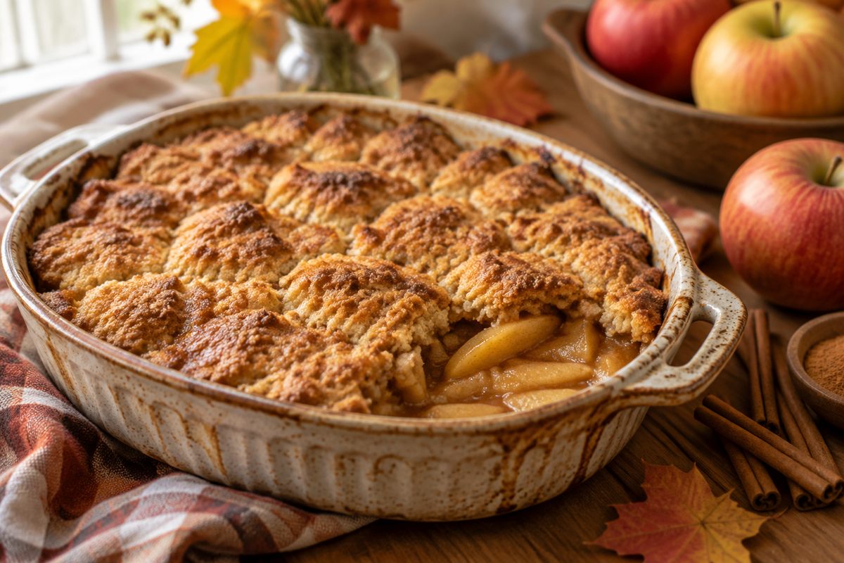 Easy one-bowl apple cobbler with buttery crunch topping ready to serve