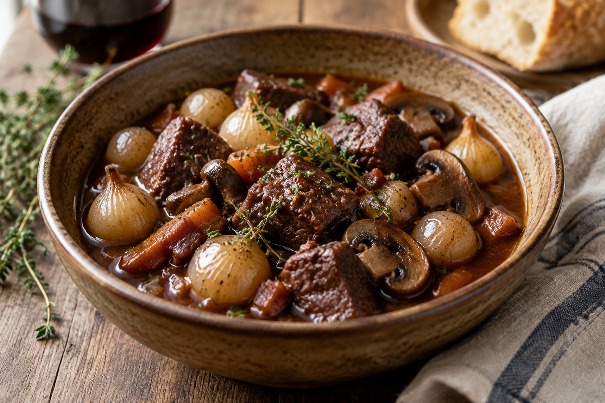 One pot beef bourguignon served in a rustic bowl garnished with fresh thyme