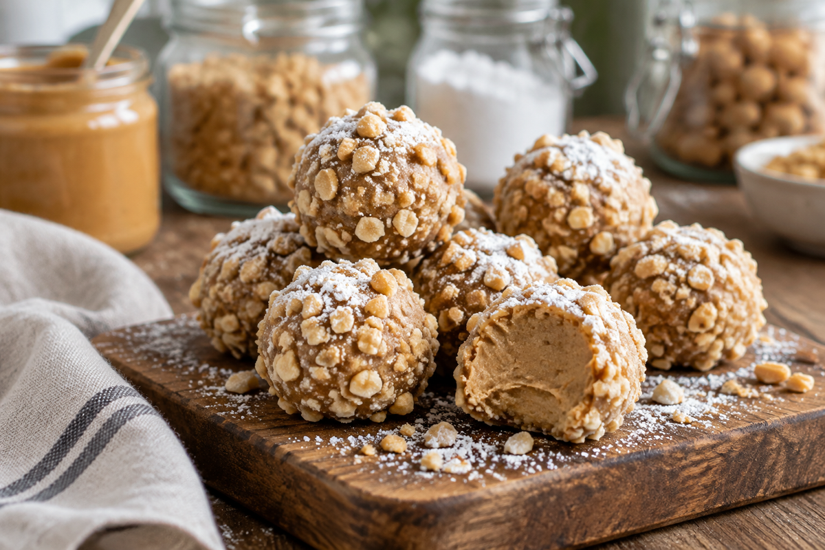 Close-up of easy peanut butter balls with cream cheese on rustic wooden board