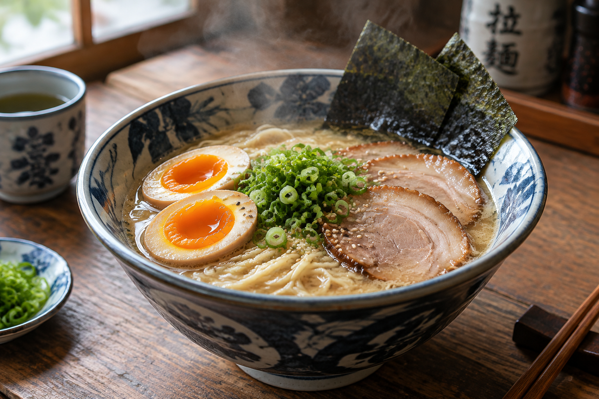 Gordon Ramsay savory Japanese ramen bowl with noodles, broth, pork, egg, and green onions