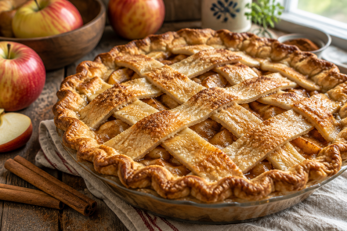 Grandma's apple pie with golden flaky crust and spiced apple filling, classic homemade dessert