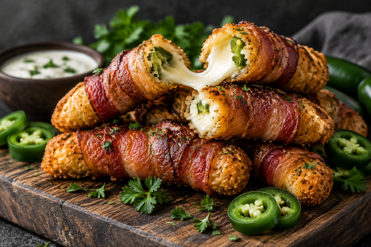 Jalapeño popper mozzarella sticks wrapped in crispy bacon on rustic board with garnish