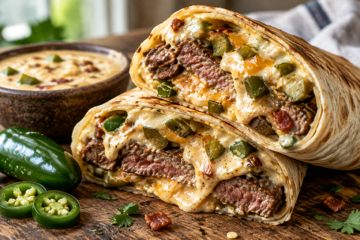 Loaded creamy jalapeño popper steak wrap sliced open with melted cheese and jalapeños inside