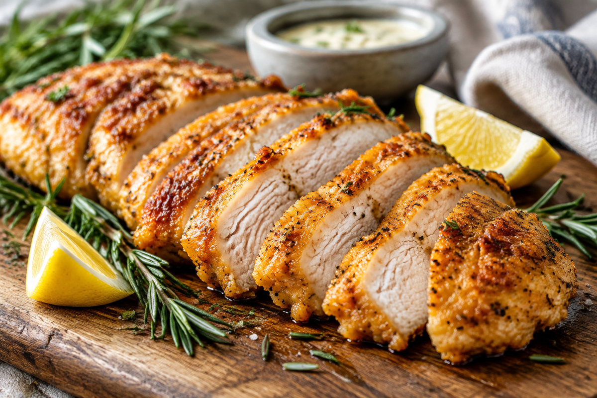 Juicy melt in your mouth chicken breast slices garnished with rosemary and lemon wedges