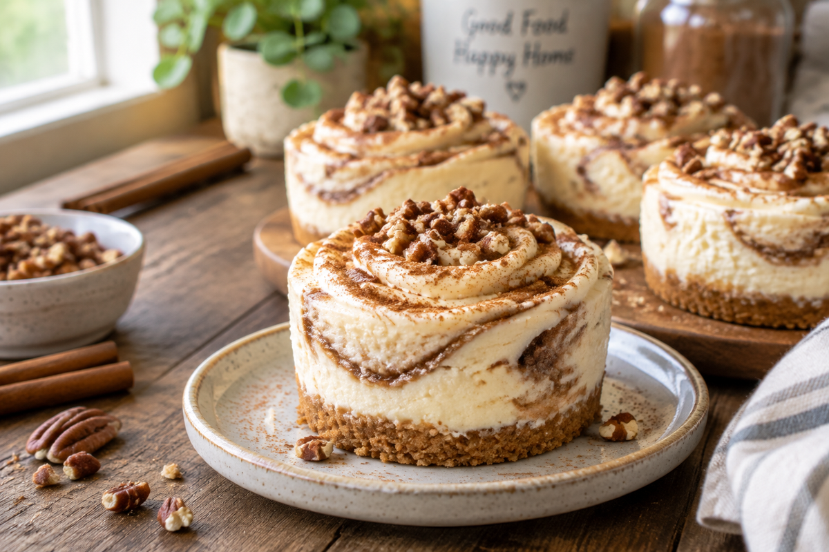 No bake cinnamon roll cheesecakes with creamy filling and cinnamon swirl on rustic table