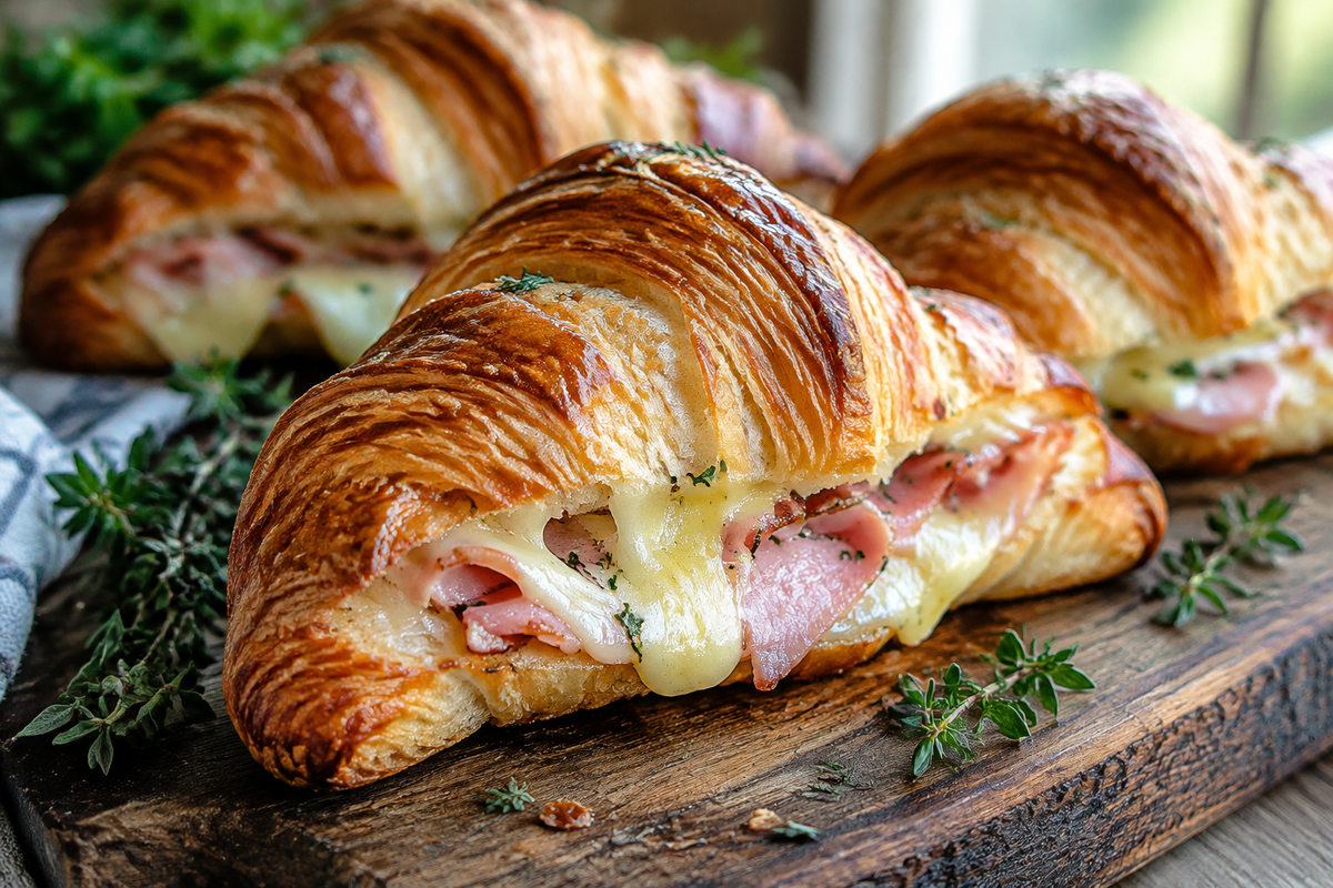 Oven-baked croissants stuffed with ham and melted cheese on a rustic wooden board