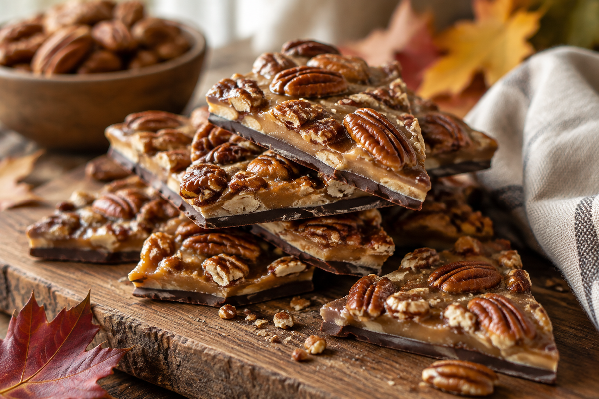 Close-up of pecan pie bark with toasted pecans and caramel glaze, showcasing pecan pie bark texture
