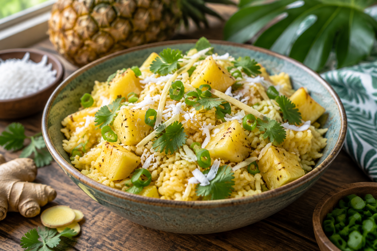 Pineapple rice with coconut, spicy ginger, and Asian flavors garnished with green onions and cilantro